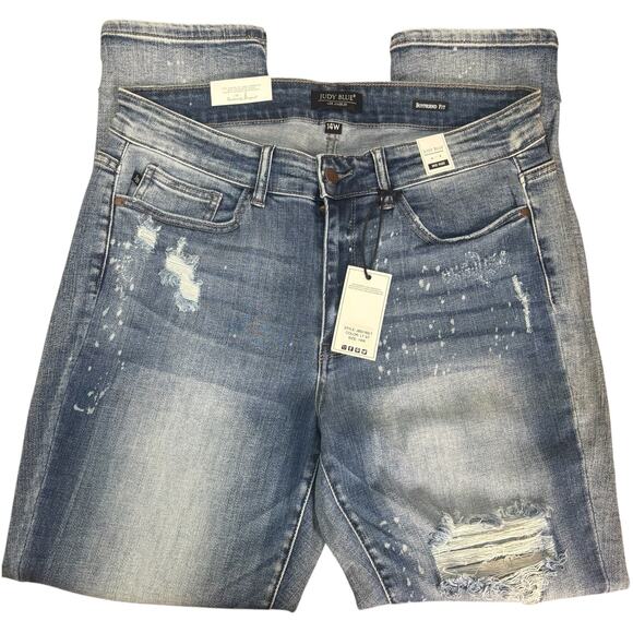 Judy Blue Boyfriend Fit Jeans 14W Mid Rise Distressed Paint Spatter Stretch NWT - Picture 3 of 15